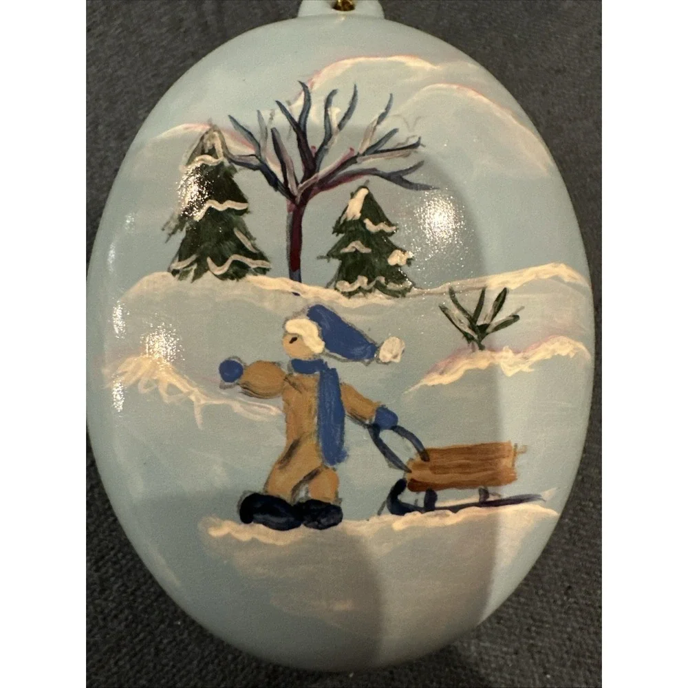 Hand painted Ornament Boy Sledding‎ Staci Black Signed Winter Scene